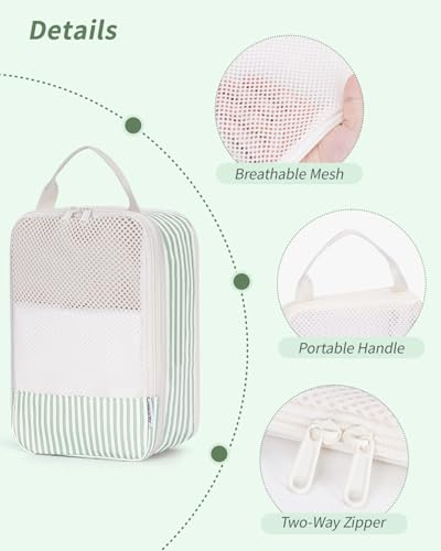 Narwey 6 Set Compression Packing Cubes for Travel Women Men, Travel Cubes for Carry On Suitcase, Durable Compression Luggage Organizer Bags - color: ZY-Mint Green Stripe