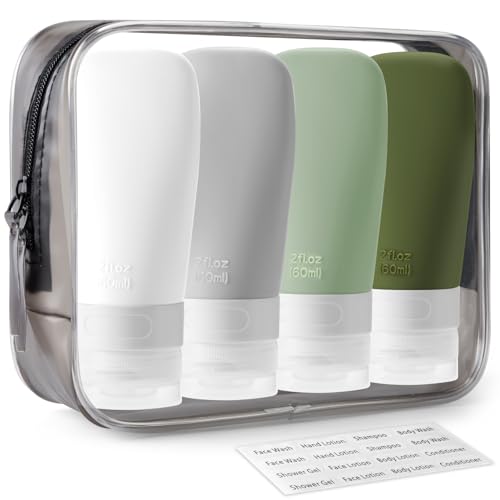 INSFIT Travel Bottles for Toiletries, TSA Approved 3oz Travel Size Containers, BPA Free Leak Proof Squeezable Silicone Tubes for Shampoo Conditioner Lotion Body Wash with Labels - color: Green 2oz, size: 2 Ounce