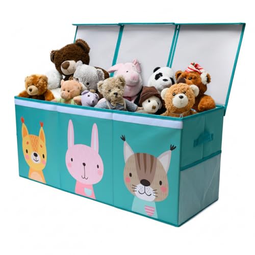SoftOwl Extra Large Toy Storage Organizer with Lid - Sturdy, Collapsible Toy Chest Storage Box with Cute Design - Toys Bin with Dividers for Kids, Boys, Girls, Nursery, Bedroom, Play room 37"x16"x14" - color: Animals - Turquoise