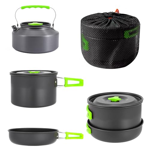 aiGear 3pcs Camping Cooking Set for 1-2 People, Lightweight Foldable Pot Pan Kettle with Storage Bag, Backpacking Cooking Set for Hiking Picnic Camping - color: Green
