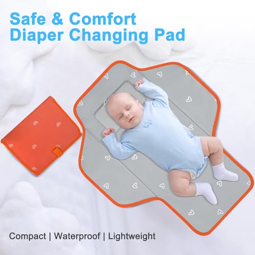 Baby Portable Changing Pad Travel - Waterproof Compact Diaper Changing Mat with Built-in Pillow - Lightweight & Foldable Baby Diaper Changer, Newborn Shower Gifts - color: Orange-Rainbow
