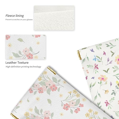 Glasses Case Soft, Eyeglass Cases for Women Portable Squeeze Top PU Leather 2 Pack Glasses Pouch with Cleaning Cloth - color: 2pcs Flower Print