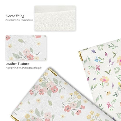 Glasses Case Soft, Eyeglass Cases for Women Portable Squeeze Top PU Leather 2 Pack Glasses Pouch with Cleaning Cloth - color: 2pcs Flower Print