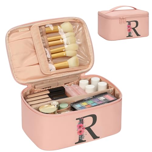OCHEAL Initial Makeup Bag,Monogram Make up Bag Pink Travel Makeup Organizer Case Beauty Toiletry Cosmetic Bag with Brush Holder, Trendy Stuff Personalized Gifts for Women and Girls-R - color: Pink, style: R