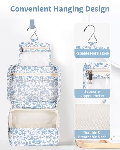 Narwey Small Hanging Travel Toiletry Bag for Women, Travel Bag for Toiletries, Makeup Bag Organizer Cosmetic Bags Make Up Bags for Girls - color: Y-Blue Flower