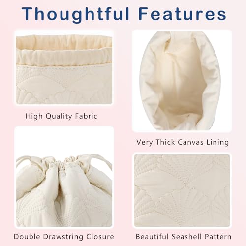 RSRSLEII Quilted Cotton Coquette Drawstring Makeup bag, Coastal Granddaughter Aesthetic Cosmetic Bag, Cute Seashell Portable Travel Toiletry Pouch (Drawstring White) - color: Drawstring White