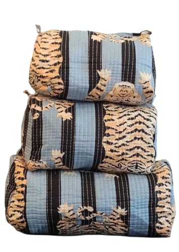 YILLE Set of 3 Pieces Block Printed Travel Organizer Kit Storage Bag for Women Makeup Bag Travel Cosmetic Bag (Black Grey Fat tiger) - color: Black Grey Fat tiger