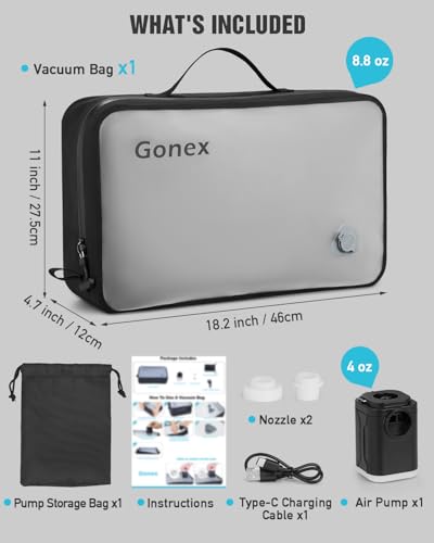 Gonex Vacuum Compression Bag with Pump - Reusable, Waterproof Travel Packing Organizer with Wide Opening, Handle & View Window for Suitcase, Backpack & Clothes Storage (1 Bag + 1 Pump) - size: 1Bag+1Pump