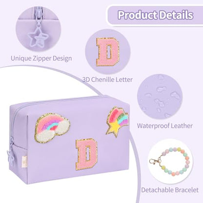 Initial Makeup Bag for Girls, Cute Makeup Bag Small Cosmetic Bag Travel Make Up Organizer Pouch, Birthday Gifts for Girls 4 5 6 7 8 9 10 11 12 13 14 15 Years Old, Teen Girls Gifts Trendy Stuff - color: Purple + Bracelet, style: D