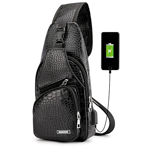 Peicees Leather Sling Bag Mens Crossbody Bag Chest Bag Sling Backpack for Men with USB Charge Port - color: Z/Crocodile Grained Leather/Black, size: Medium