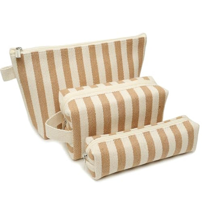 3 Pcs Makeup Bag Set Striped Canvas Purse Cosmetic Bag For Women Travel Toiletry Pouch Organizer pencil case (Khaki-White) - color: Khaki-White