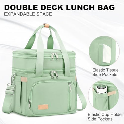 MAPLELILY Lunch Box for Men Women - Double Deck Insulated Lunch Bag, Large Leak Proof Tote Cooler, Wide Open Dual Compartment Lunch Bags with Shoulder Strap, For Work Picnic Hiking Beach, Green - color: Green