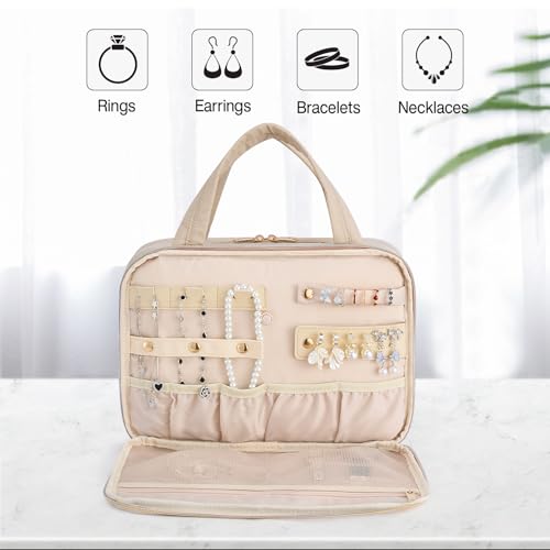 Hanke Hanging Travel Toiletry Bag for Women with Jewelry Organizer Compartment, Travel Essentials Toiletries and Makeup Bag, Water-Resistant & Stain-Resistant with Trolley Strap (Apricot) - color: Apricot