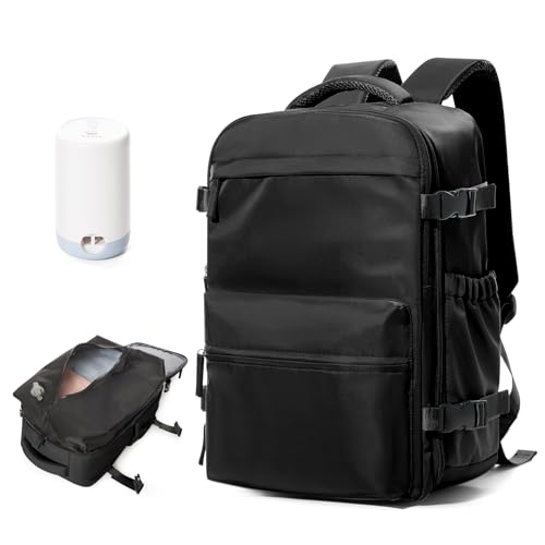 BOXSAM Large Vacuum Travel Backpack with Pump for Women, Personal Item Carry on Backpacks Flight Approved 18x14x8 inches for Men,Laptop Waterproof Work Compression bags Casual Daypack,Black - color: Black