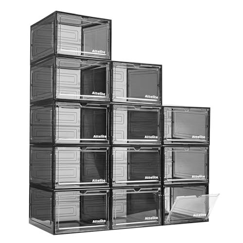Attelite Upgrade 12pack Shoe Box Storage Containers,Thicken Sturdy Clear Stackable Plastic Shoe Organizer Box with Magnetic Door, Drop Front Shoe Box Sneakers X-Large - color: Clear Black, size: XL-12-pcs