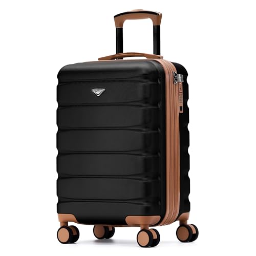 Flight Knight 22x14x9 Expandable Carry On Suitcase Hardside TSA Lock USB C Port Lightweight Luggage Silent Double Spinner Wheels Maximum Overhead Carry-On Bag American United Approved Black/Tan - color: Black/Tan, size: 22x14x9"