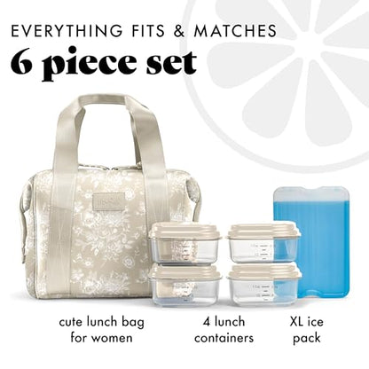 Fit & Fresh Remi Lunch Bag for Women Work – Neoprene Lunch Tote with Containers & Ice Pack, Reusable Meal Prep Lunch Box, Large Capacity, Machine Washable, Tan Toile - color: Tan Floral