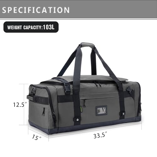 Large Duffle Bag for Travel - Men & Women, Foldable Gym Duffle Backpack, Heavy Duty Tactical Military Canvas Duffel Bags, Extra Big Carry On with Shoe Pockets, Waterproof (80L/103L) - color: Grey, size: L(103L)