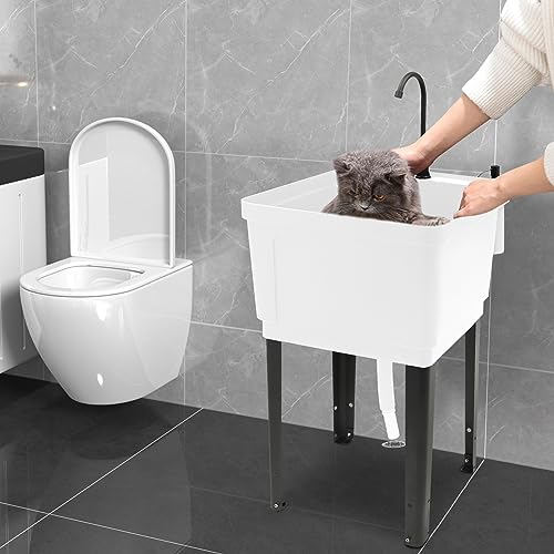 MOCHAG Freestanding Utility Sink Laundry Tub, Space Saving Large Floor Mounted Wash Station w/Rotatable Faucet&Gooseneck Sprayer, Laundry Sink for Restaurant, Laundry, Store, Utility Room