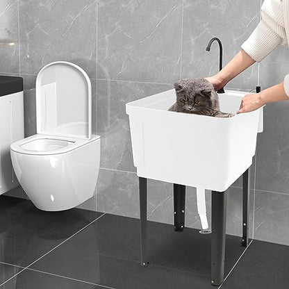 MOCHAG Freestanding Utility Sink Laundry Tub, Space Saving Large Floor Mounted Wash Station w/Rotatable Faucet&Gooseneck Sprayer, Laundry Sink for Restaurant, Laundry, Store, Utility Room