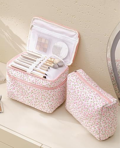 HBselect 2Pcs Travel Makeup Bag, Large Cotton Quilted Makeup Bag Cosmetic Bag Cute Make up Bag Toiletry Bags for Women Girls - color: 2PCS-FLOWER2