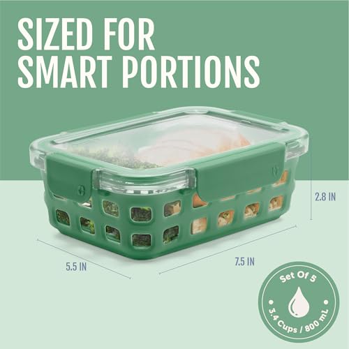 Ello Duraglass 3.4 Cup Meal Prep Sets 10Pc, 5 Pack Set- Glass Food Storage Container with Silicone Sleeve and Airtight BPA-Free Plastic Lids, Dishwasher, Microwave, and Freezer Safe, Olive Tree - color: Olive Tree