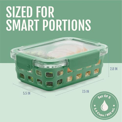 Ello Duraglass 3.4 Cup Meal Prep Sets 10Pc, 5 Pack Set- Glass Food Storage Container with Silicone Sleeve and Airtight BPA-Free Plastic Lids, Dishwasher, Microwave, and Freezer Safe, Olive Tree - color: Olive Tree