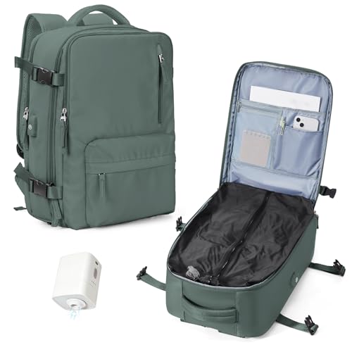 WONHOX Vacuum Seal Backpack for Travel with Air Pump Compression Daypack Personal Item Carry on Flight Approved Vacpack Laptop Space Saver Bags Storage with Vacuum System Travel Bag Women Men Green