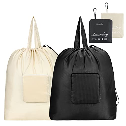 GOGOODA Travel Laundry Bags with Drawstring Closure XL Large Foldable Dirty Clothes bags with Handle Heavy Duty and Washable for College Dorm Travelling Camping, 2 Pack, Black & Beige - color: Black & Beige