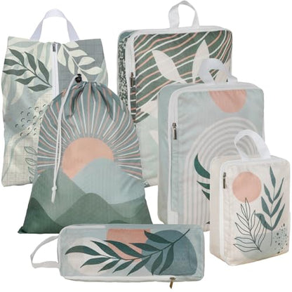 6 Pcs Compression Packing Cubes Waterproof Suitcase Travel Bag Luggage Backpack Organizer Travel Cubes for Packing-Bohemian - color: Bohemian 02