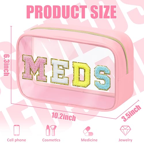 BuyCard Clear Meds Chenille Letter Nylon Makeup Bag - Portable Preppy Patch Cosmetic Toiletry Travel Storage Medicine Bag With Zipper for Women Girls Pink - color: MEDS-Pink, style: 1 Pcs-clear