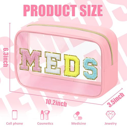 BuyCard Clear Meds Chenille Letter Nylon Makeup Bag - Portable Preppy Patch Cosmetic Toiletry Travel Storage Medicine Bag With Zipper for Women Girls Pink - color: MEDS-Pink, style: 1 Pcs-clear