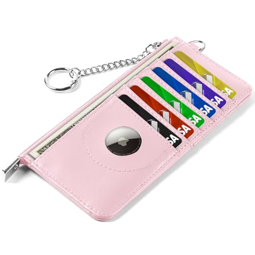 RFID Blocking Slim Credit Card Holder Wallet with Zipper Money Pocket & Keychain, Slim Airtag Wallet for Men Women - color: Cowhide Pink