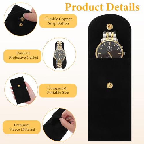 12Pcs Velvet Watch Pouch – Portable Fleece Watch Travel Case, Single Storage Bag with Snap Button & Pre-Cut Gaskets, Soft Jewelry Organizer for Men Women, Black