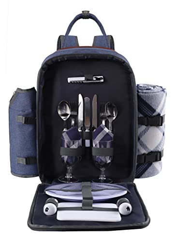 ALLCAMP OUTDOOR GEAR Picnic Backpack for 2 Person Set W/Detachable Bottle/Wine Holder, Fleece Blanket, Plates and Cutlery Set (Blue) - color: Navy Blue, size: 2 person