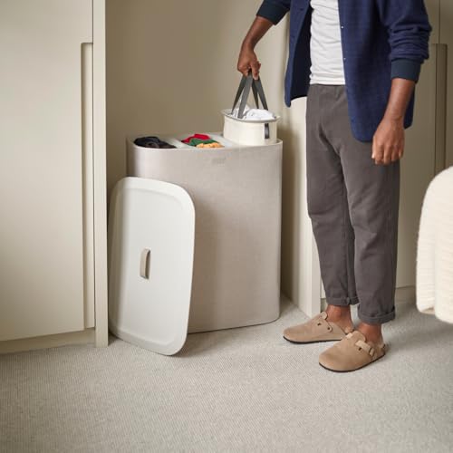 Joseph Joseph Tota Trio 90 liter/23.8 gallon Laundry Hamper Separation Basket with lid, 3 Removable Washing Bags with Handles- Ecru - color: Ecru, style: Trio Compartment 90L