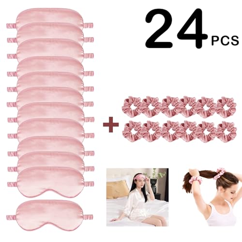 24Pcs Satin Eye Mask Silk Sleep Masks Silky Eyes Cover Blackout Blindfold Eyeshade Scrunchies Hair Ties Travel Wedding Gift - color: Azure