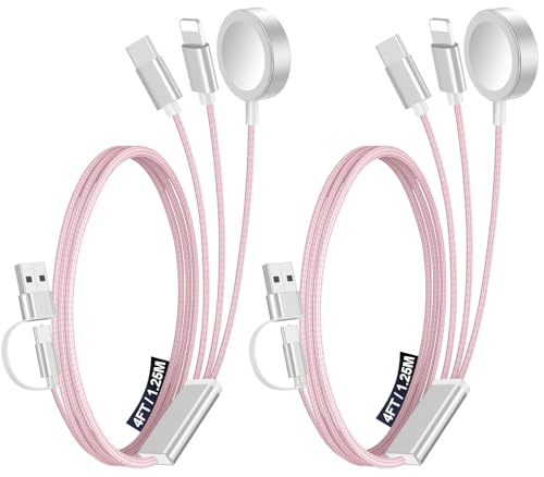 2Pack Multi Charging Cable Cord for Travel Essentials,Apple Watch Charger,iPhone Charger,[3-in-2] Type C/L Cable Portable Designed for iWatch,iPhone 17-8,Galaxy S26-21,AirPods,iPad-4FT Pink - color: Pink, size: 2Pack-4FT
