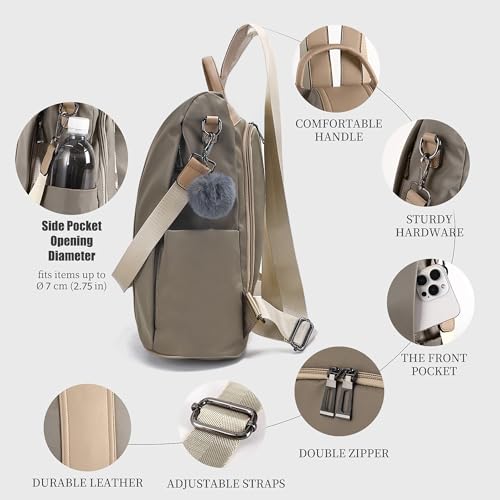 PINCNEL Women Backpack Purse Waterproof Nylon Anti-theft Rucksack Lightweight Shoulder Bag - color: Khaki, size: Large