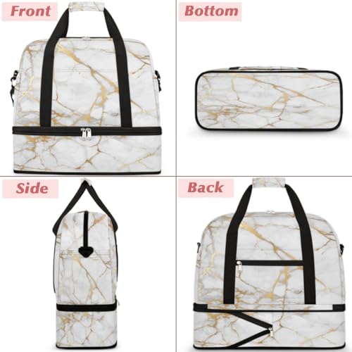 Travel Duffle Bags With Shoes Compartment for Women Men White Gold Marble Lightweigh Sports Tote Gym Bag Marble Foldable Canvas Weekender Overnight Carry On Luggage Handle Bag - color: Z01:White Gold Marble
