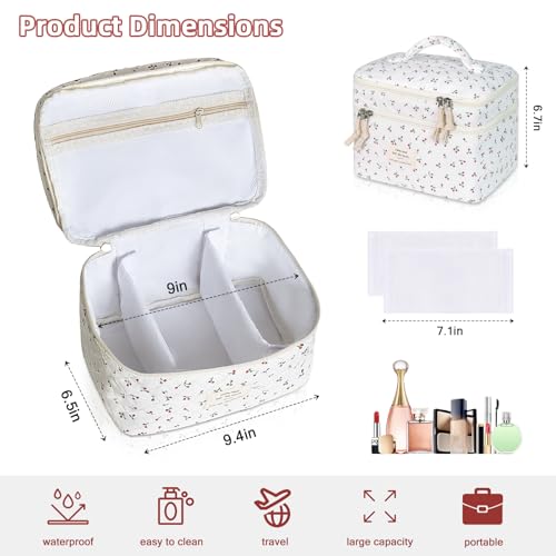 Gosect Makeup bag, Large Cosmetic Bag for Women Girls, Cute Quilted Makeup Bags, Floral Coquette Aesthetic Toiletry Bag, Travel Make Up Organizer Bag (Cherry) - color: Chery