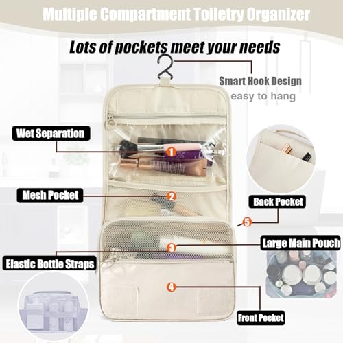 L&FY Hanging Travel Toiletry Bag Women's Cosmetic Organizer Makeup Case Pouch Men's Shaving Kits With Handle (Beige) - color: Beige, size: Compact Size
