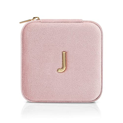 VLANDO Small Travel Jewelry Box Organizer Display Case for Rings Earrings Necklaces Storage, Selected Soft Velvet, Letter J Engraved, Pink - color: b. Powder Pink J