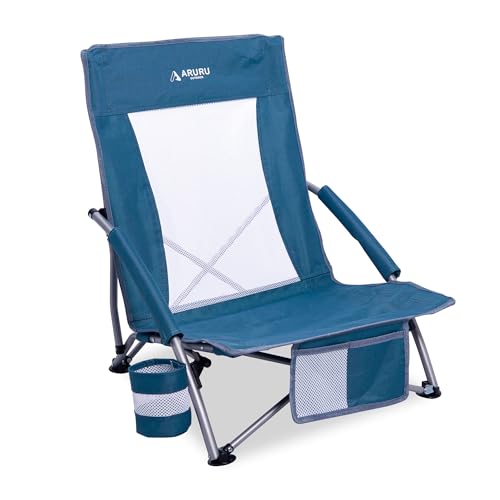 Low Folding Beach Chairs for Adults, Portable Lightweight Sling Beach Camping Chair with Cup Holder,Foldable Camp Lawn Chair for Outdoor Sand Concert Sport Events - color: Navy Blue, size: Low Back