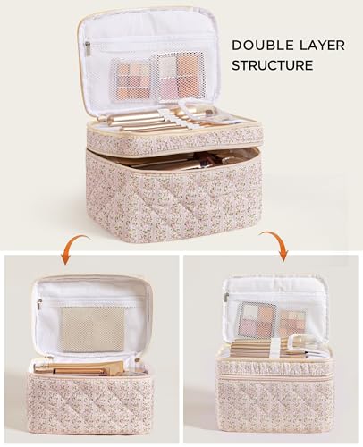 HBselect 2Pcs Travel Makeup Bag, Large Cotton Quilted Makeup Bag Cosmetic Bag Cute Make up Bag Toiletry Bags for Women Girls - color: 2PCS-FLOWER4