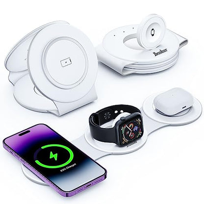 Hicober 3 in 1 Wireless Charging Station for iPhone 15, Magnetic Foldable Travel Charger Station Stand 18W for iPhone Air 17 16 15 14 13 12 Pro/Max/Plus/Apple Watch All Series & Airpods - color: B-White