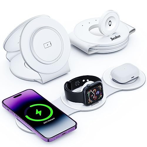Hicober 3 in 1 Wireless Charging Station for iPhone 15, Magnetic Foldable Travel Charger Station Stand 18W for iPhone Air 17 16 15 14 13 12 Pro/Max/Plus/Apple Watch All Series & Airpods - color: B-White