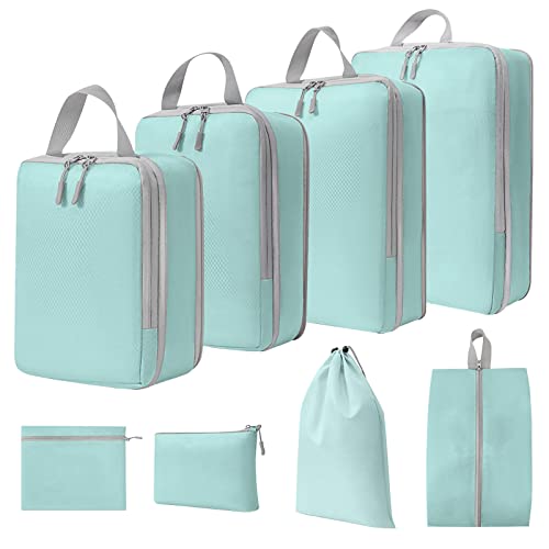 WOOMADA Compression Packing Cubes for Suitcases Travel Essentials 8 Set Expandable Travel Bags Organizer for Luggage(turquoise) - color: B-turquoise, size: 8 set