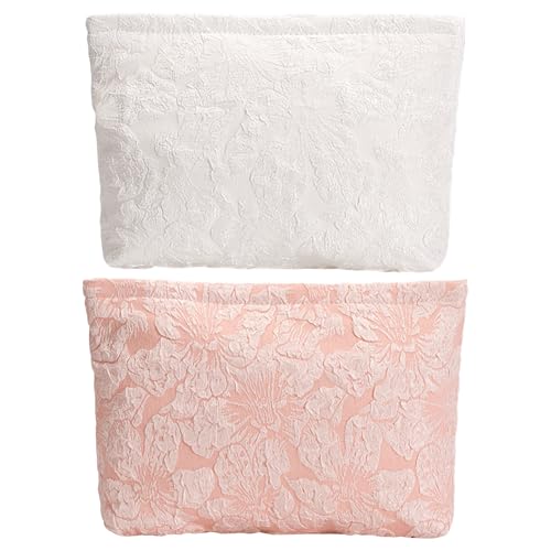 2-Pack Large Flower Makeup Bag Set - White & Pink Floral Canvas Cosmetic Organizer | Aesthetic Capacity Travel Toiletry Bag for Women (Makeup Brushes & Accessories Storage) - color: D01-pinkish-white