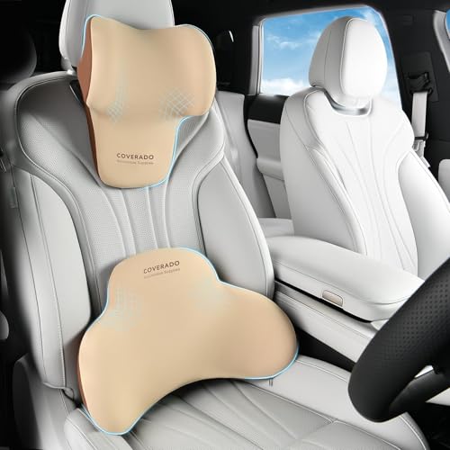 Coverado Lumbar Support and Headrest Pillow for Car, Memory Foam Ergonomic Head Neck Support Pillow for Driving Seat, Back Support and Pain Relief, Seat Cushion for Car, Driver, Office - color: Beige2, size: 2 Pieces